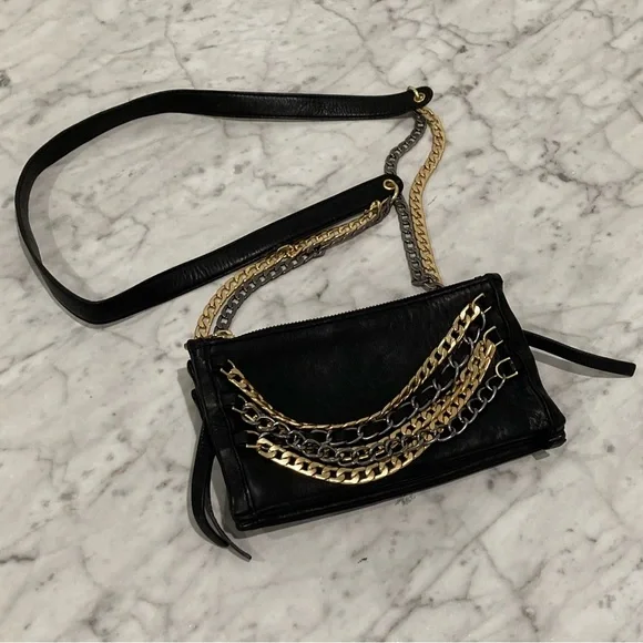 ASH Black Leather Convertible Cross Body Purse Gold Silver Chain - Picture 9 of 14